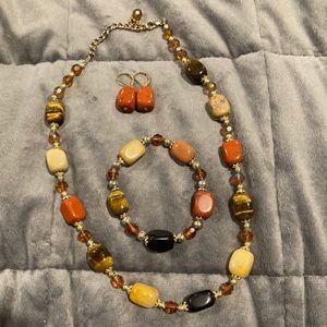 Polished stone necklace earrings bracelet set